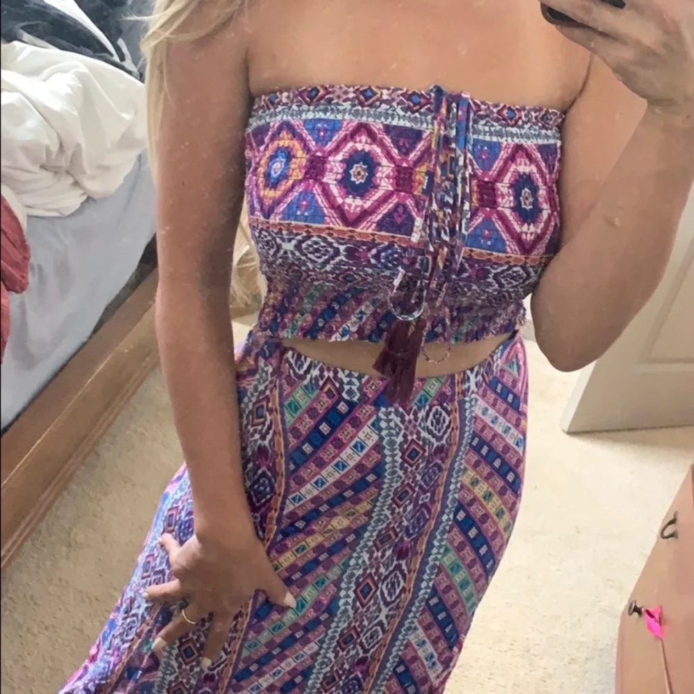 Boho Halter Crop Top and Maxi Slit Skirt Coord 2 Piece Set